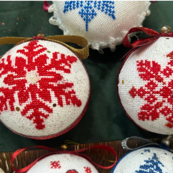 Handmade Christmas Ornament with Red Cross-Stitch Snowflake – Holiday Tree Decor - Picture 6 of 6